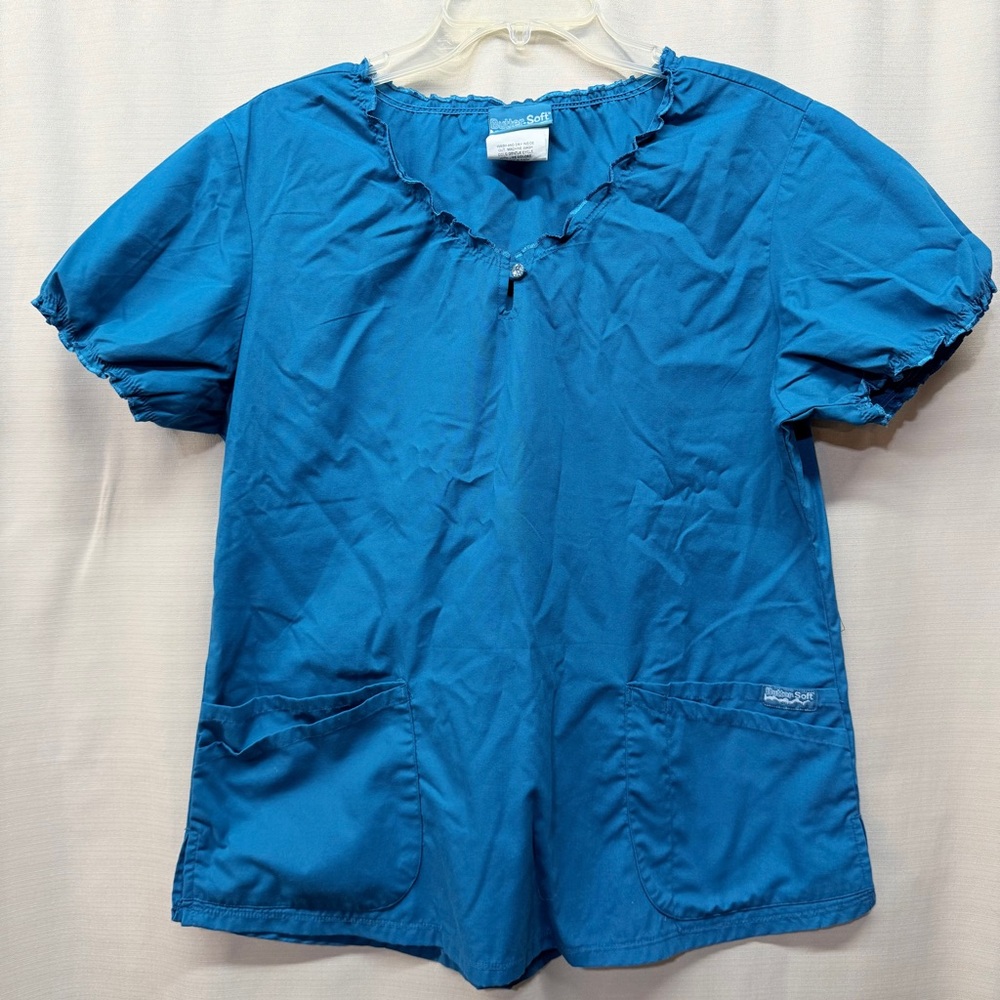 Butter-Soft Blue Button Detail Vneck Short Sleeve Double Pocket Scrub Top Sz L